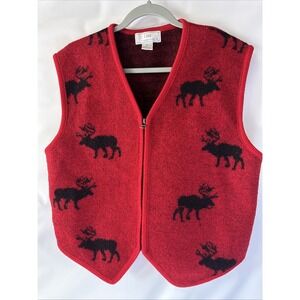 Lisa international boiled wool red moose‎ print vest size extra large